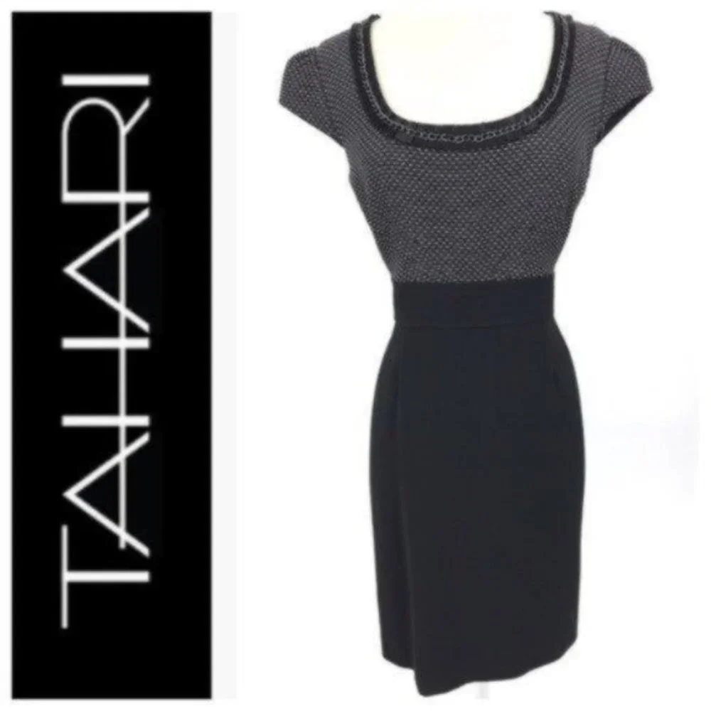Tahari Womens Sheath Dress Size 10P Black Gray Cap Sleeve Chain Detail Scoopneck - Picture 9 of 9